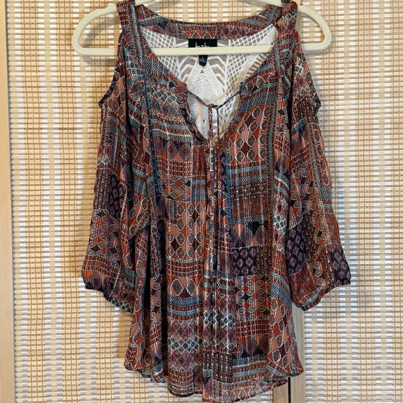 by & by Tops - By & By Womens L Tunic‎ Cold Shoulder Laced Back Geometric Boho Whimsical Fairy